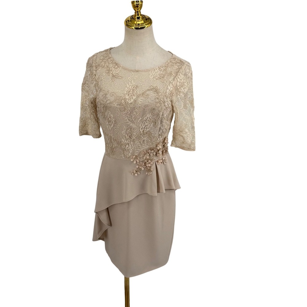 Teri Jon Classic Cocktail Dress Women 4 Beige Lace Floral Applique Peplum Sheath